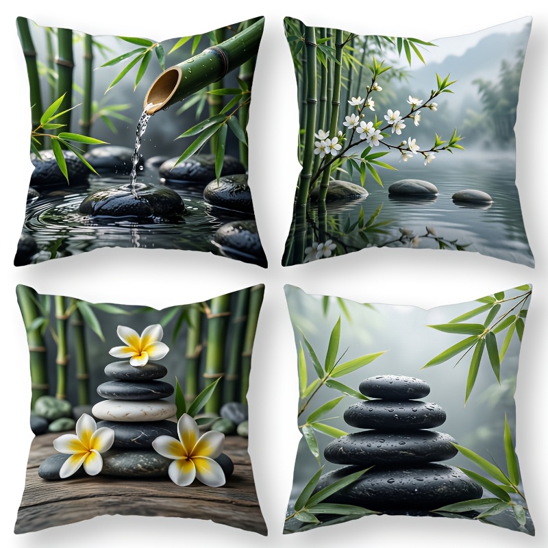 TEMU 4pcs Zen Bamboo & Stone Cushion Covers Suitable For Sofa Bed Chair, Modern Minimalist Bamboo Grain & Floral Pillowcases With Zipper Closure,