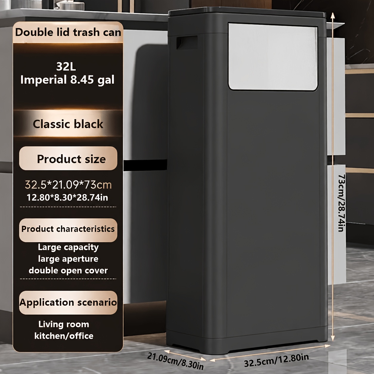 TEMU Heavy-duty Large Trash Can With Dual Opening Lid - Footprint , Non-slip Base - Commercial & Household Bin For Kitchen, Bathroom, Office - Easy-