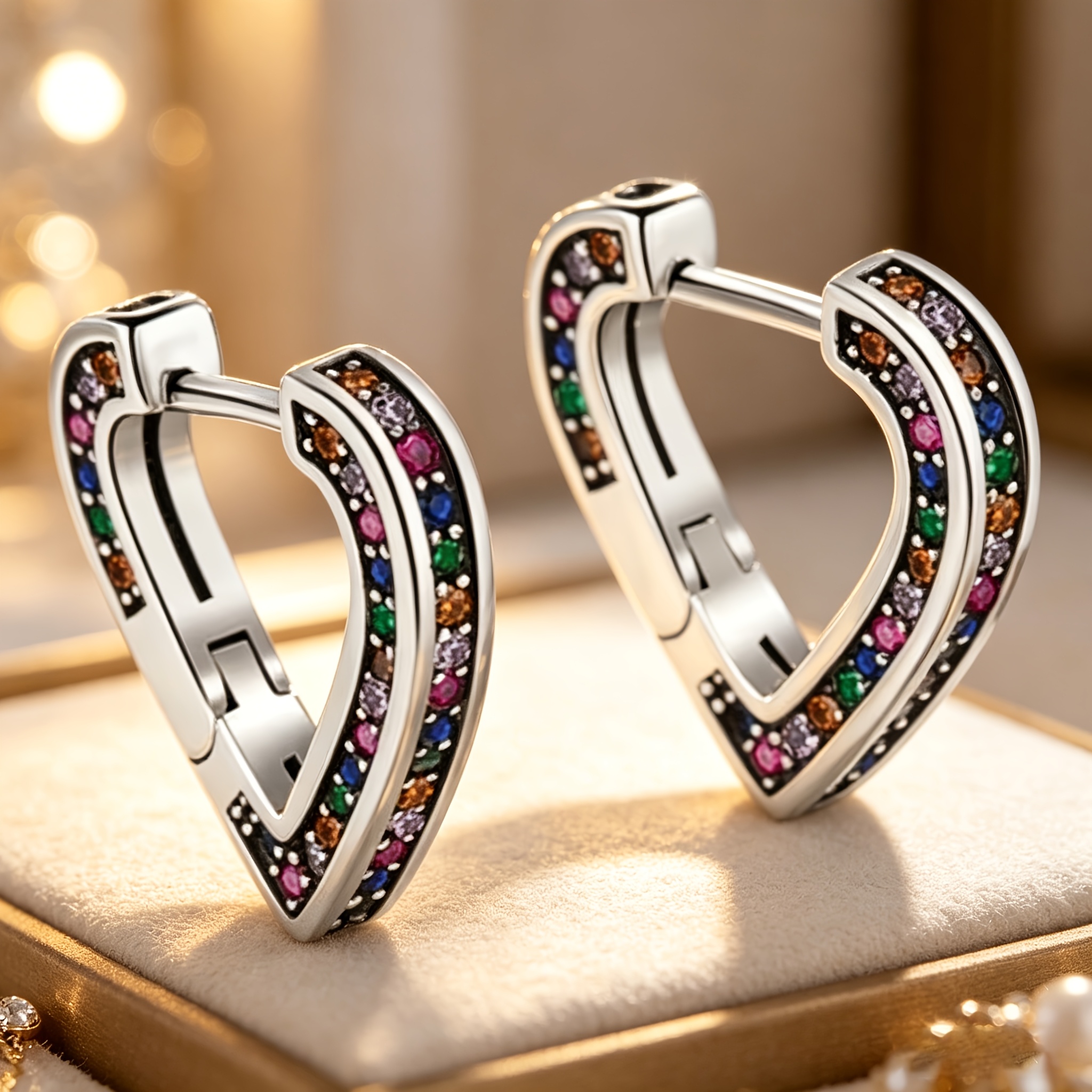 TEMU 1 Pair Of Fashionable Light Luxury Mixed-color Hip-hop Temperament Versatile Geometric Heart-shaped Unisex Earrings, Suitable For Banquets,