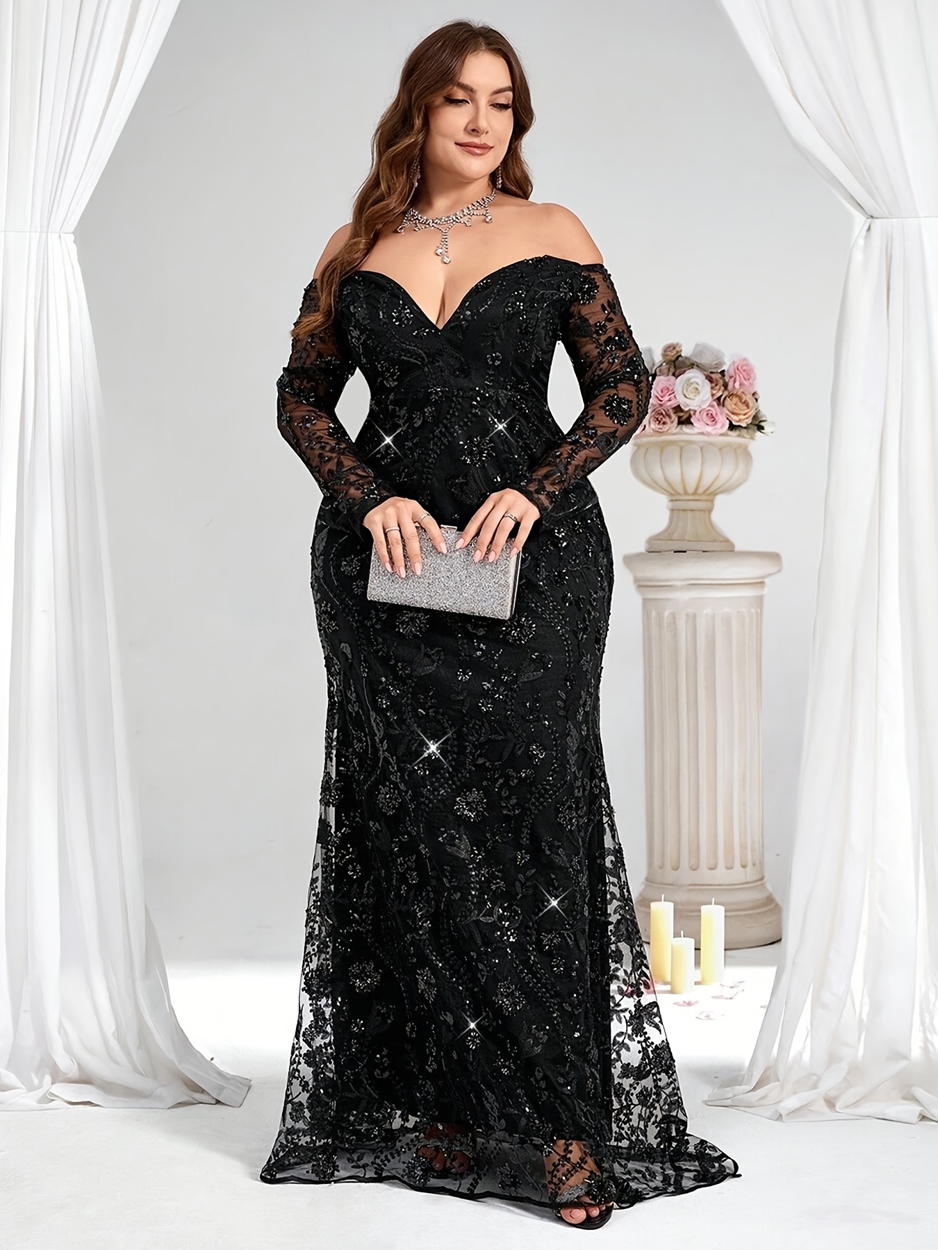 plus size black sequin mermaid dress Xpluswear Design Plus Size Formal Black Round Neck Long Sleeve Mermaid  Elegant Sequin Maxi Dresses