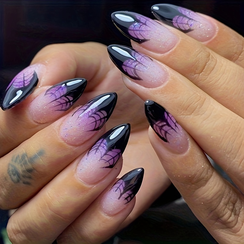 

Halloween French Purple Gradient Spider Web Almond Medium Press On Nails With Jelly Glue And File