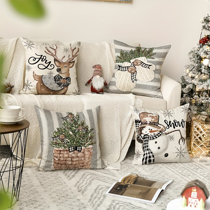 

A Set Of 4 Christmas Atmosphere Decoration Blue Plaid Gloves Reindeer Pattern Polyester Fabric Pillowcase, Room Bedroom Sofa Garden Holiday Atmosphere Decoration Pillowcase Without Pillow Core