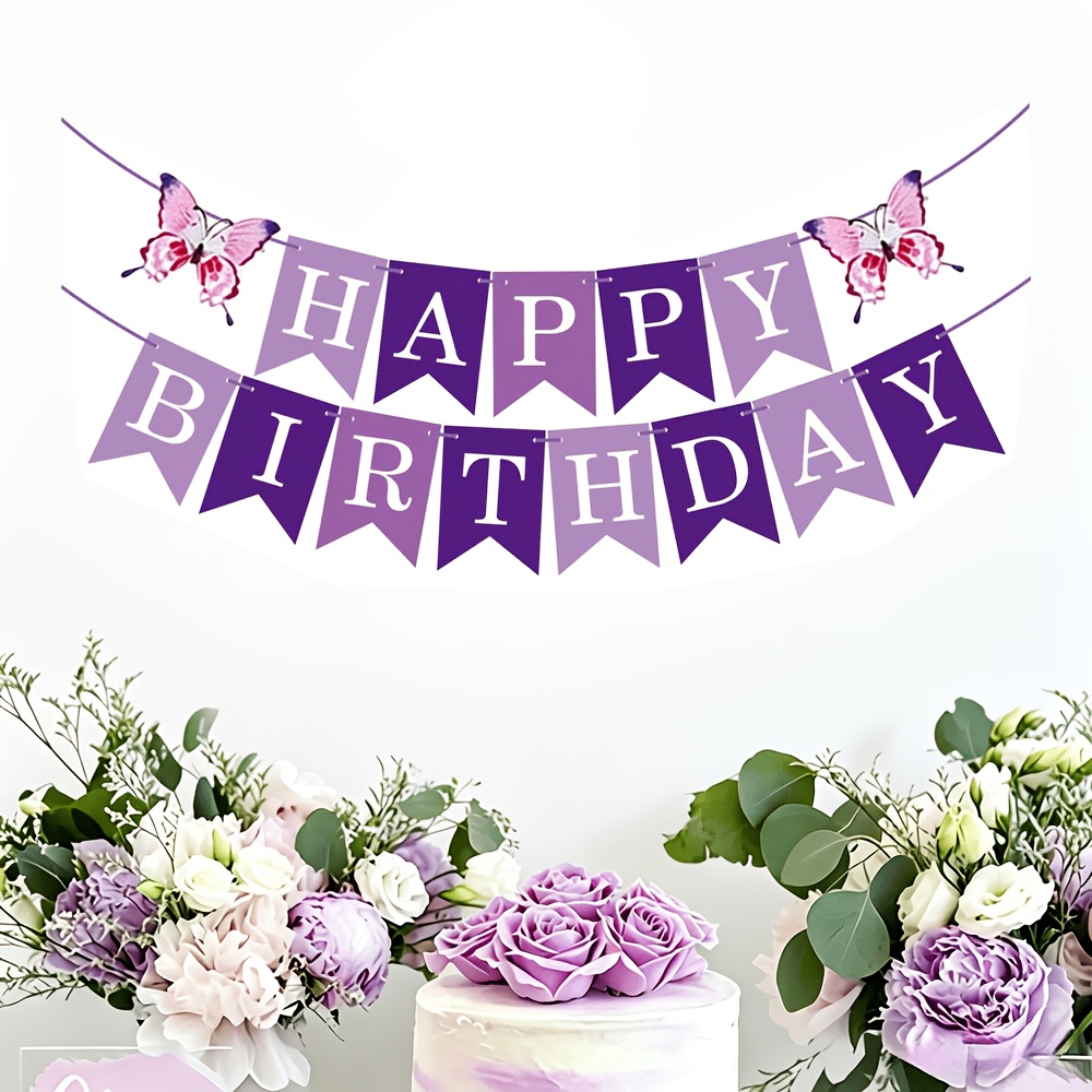TEMU 2pcs Purple Birthday Banners, Elegant Purple Banners With Decoration, Wall Decoration, Living Room Birthday Party Decorations