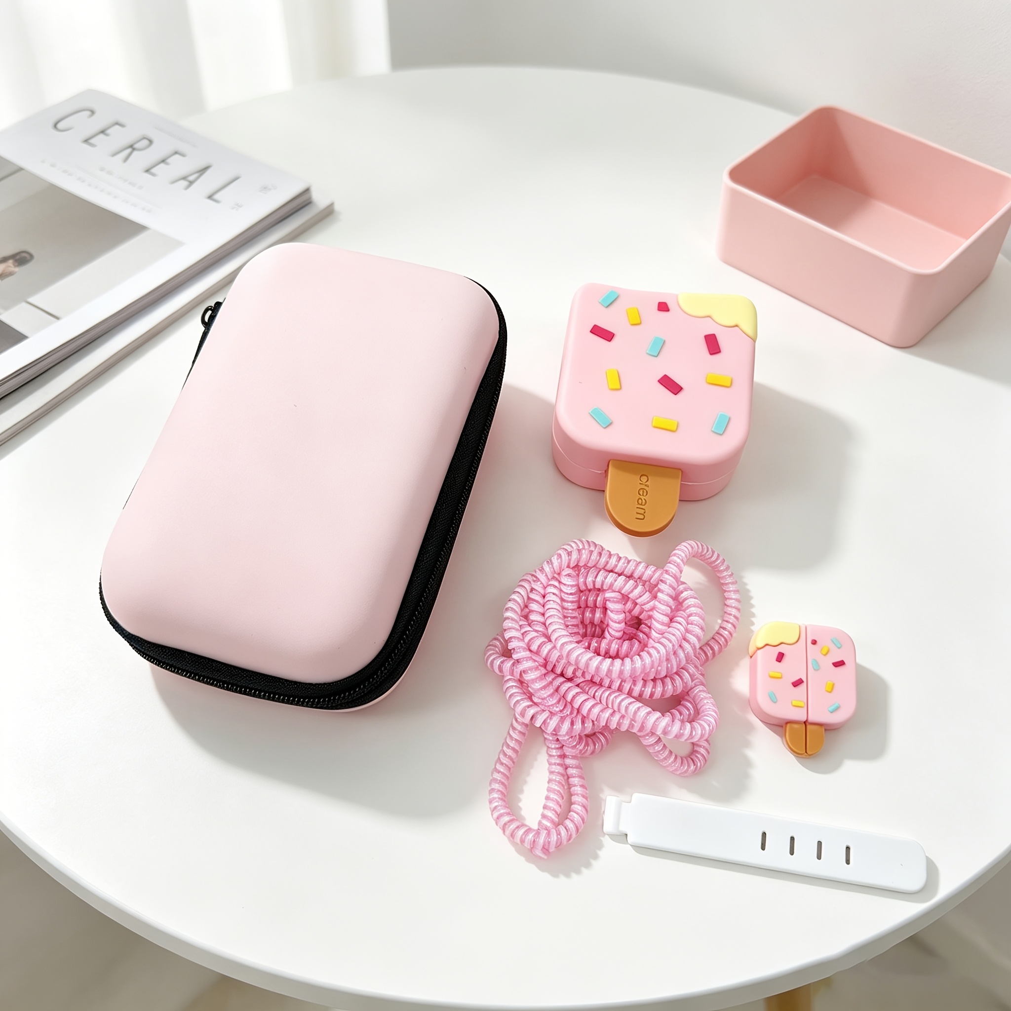 TEMU Ensemble de 5 pièces style fille mignonne rose, housse de pour chargeur de glace, pochette de rangement à coque rigide en EVA, inclut une