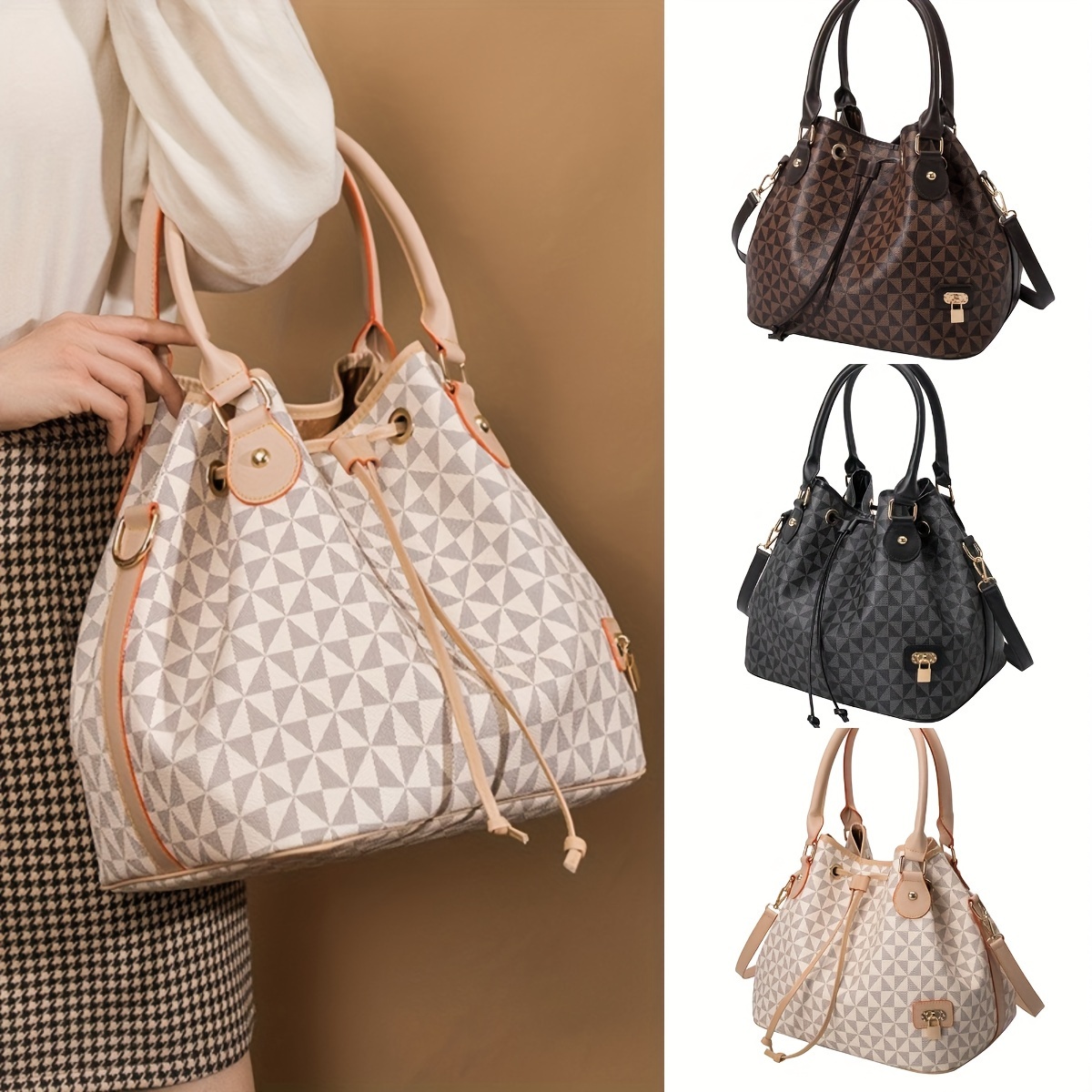 

Women's Chic Argyle Pattern Bucket Bag, Versatile Crossbody Bag & Purse, Drawstring Handbag