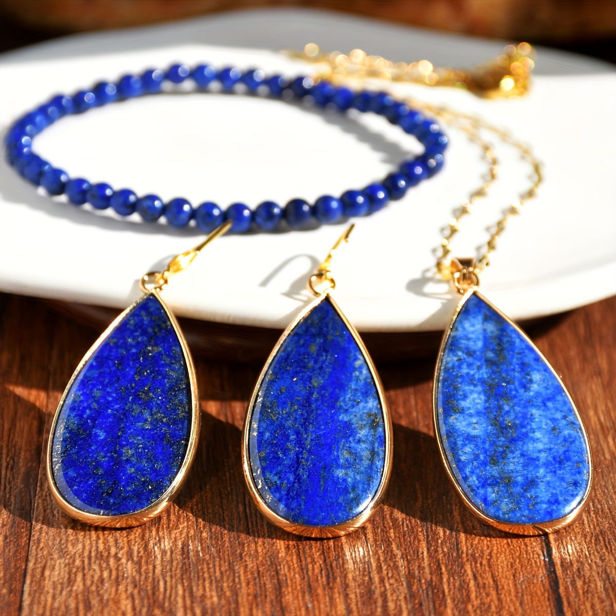 Lapis Lazuli Dangle Earrings & Necklace Set with Golden Tone