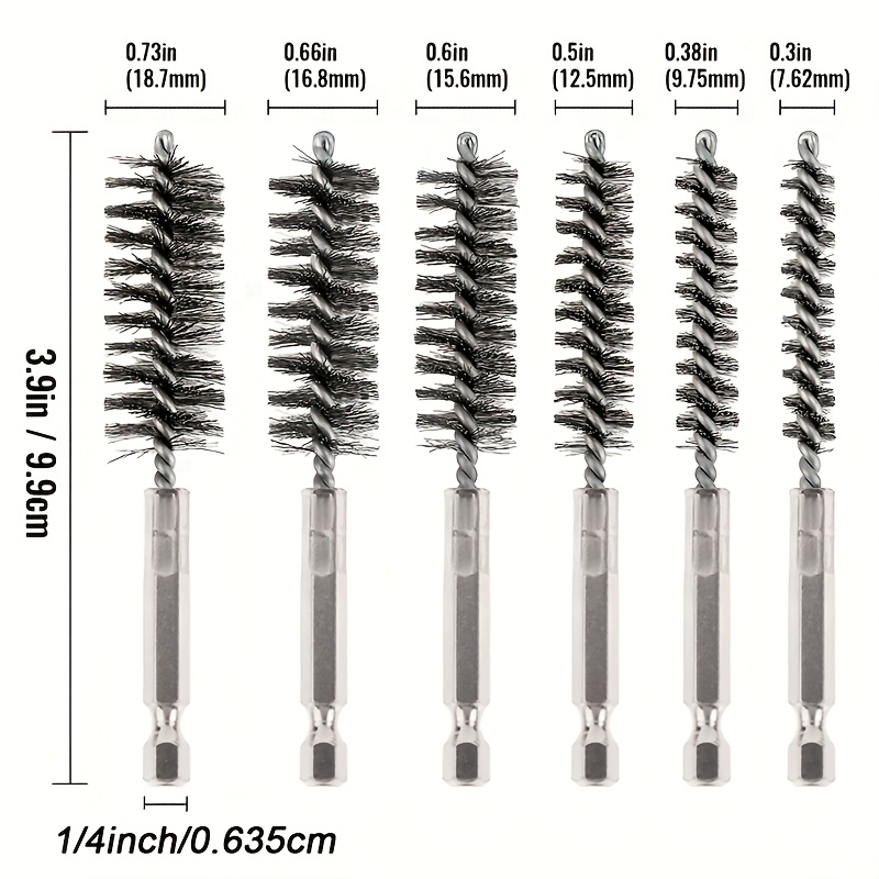 TEMU 6pcs Set Of Stainless Steel Wire Tube Brushes, Multi-specification Wire Brush For Deburring Screws And Threads, Rust Removal, 1/4" Hexagonal ,