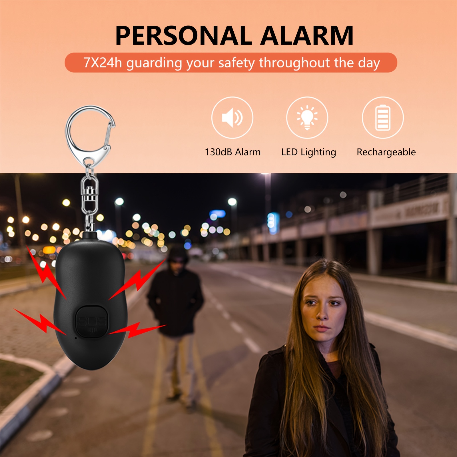 rechargeable personal alarm 130db led light keychain alarm for women and elderly usb charging lithium polymer battery Product details 5