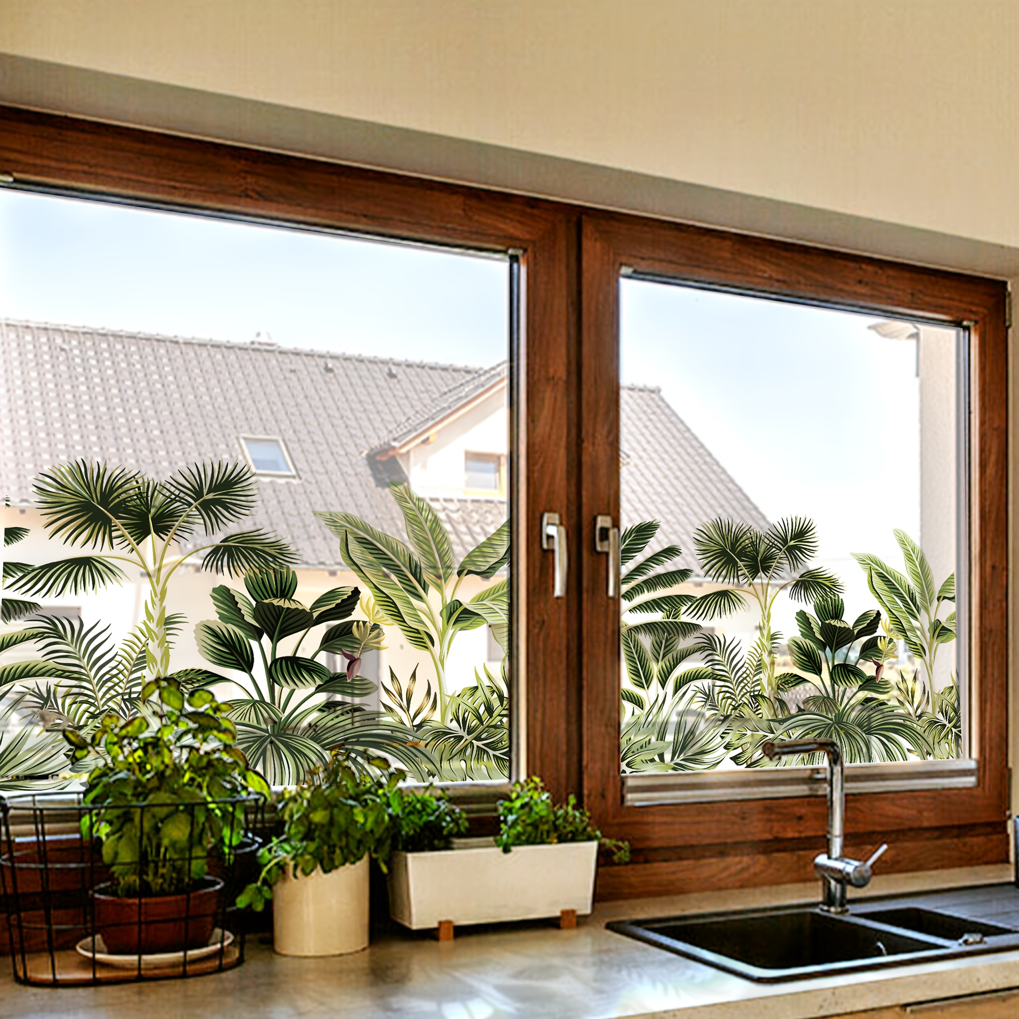 Image of Tropical Leaf Decorative Static Cling Window Film, Double-sided High Desert Leaf Glass Decal For Bedroom And Living Room Sliding Doors, Reusable Matte Pvc