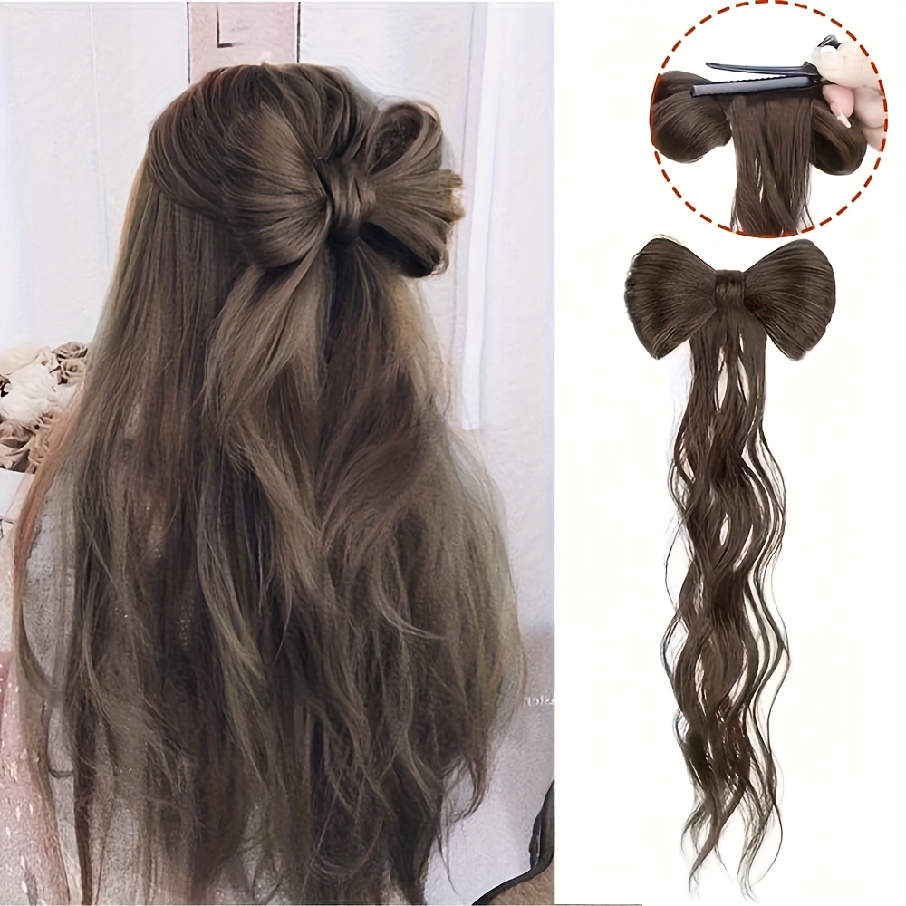 14 inch protein filament bow ponytail extension for women elegant half tied high ponytail with chicken feather curls claw clip bun and vintage style braided hai details 5