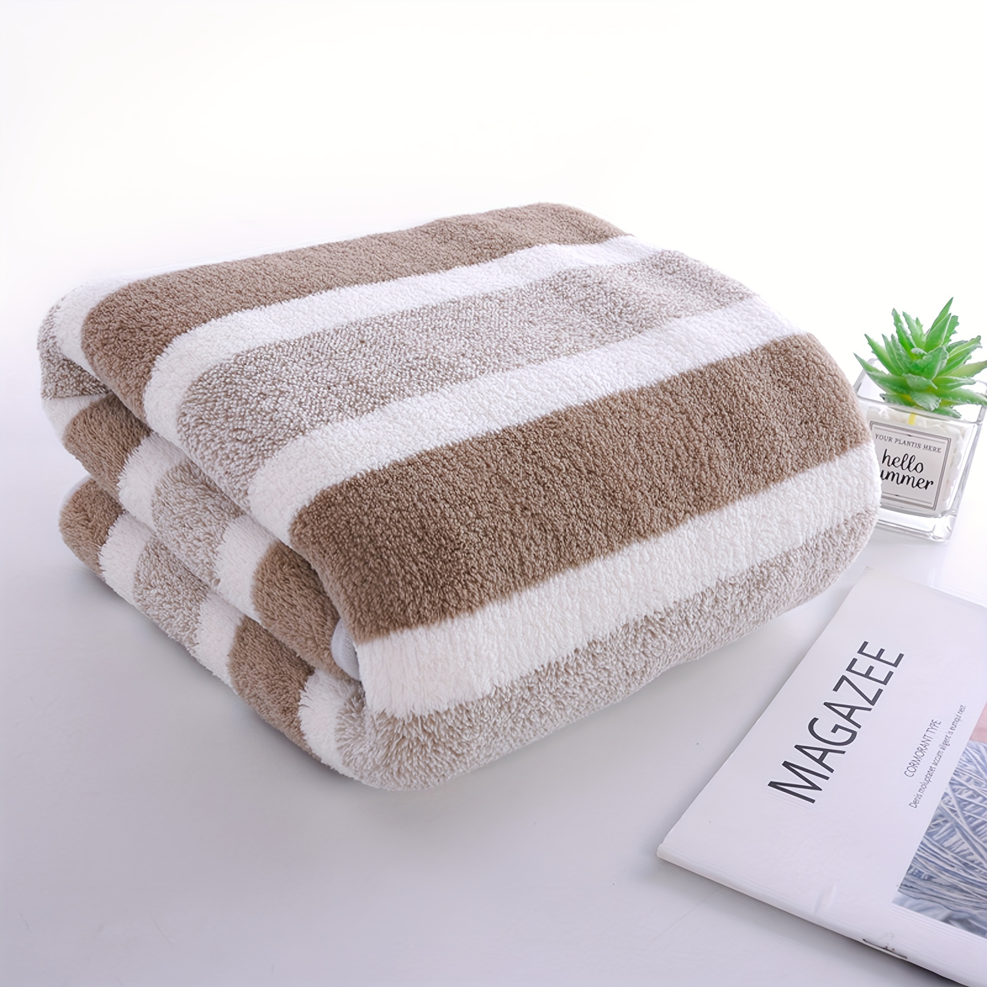 TEMU Super Soft Striped Coral Fleece Bath Towel - 1pc Modern Woven Oblong Polyester Towel, Ultra Absorbent & , Quick-dry High Gsm Space Themed Bathroom Towel