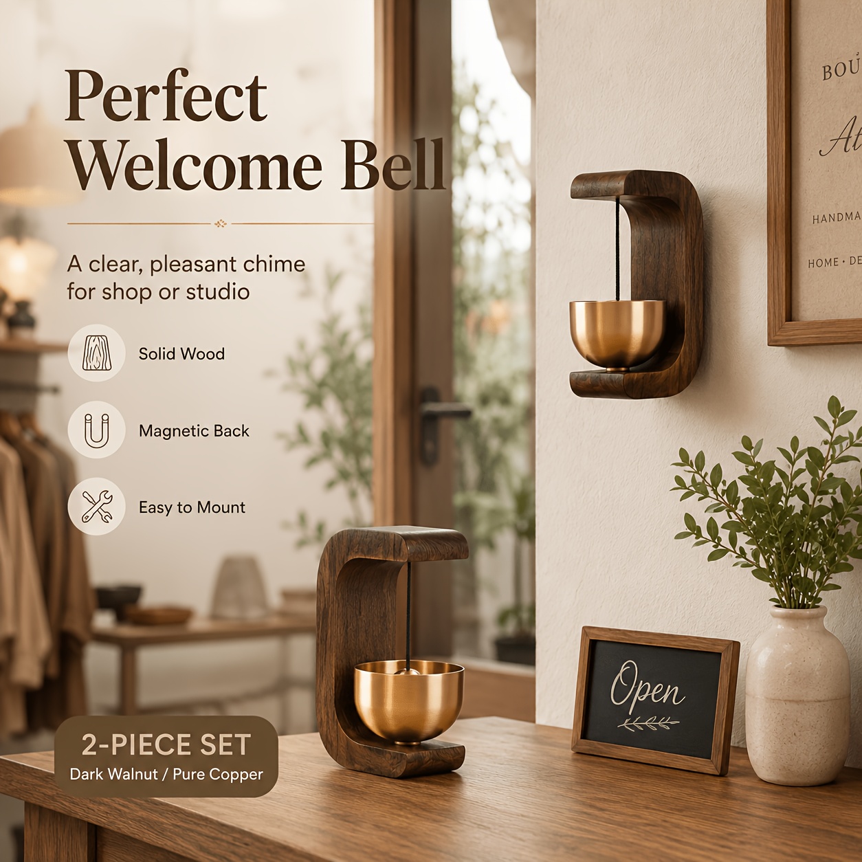 TEMU 2 Pack Solid Bell, Vintage Style Wall Mount Doorbell, Elegant Ring Bell For Front Door, Entryway, Bedroom, Decor Gift