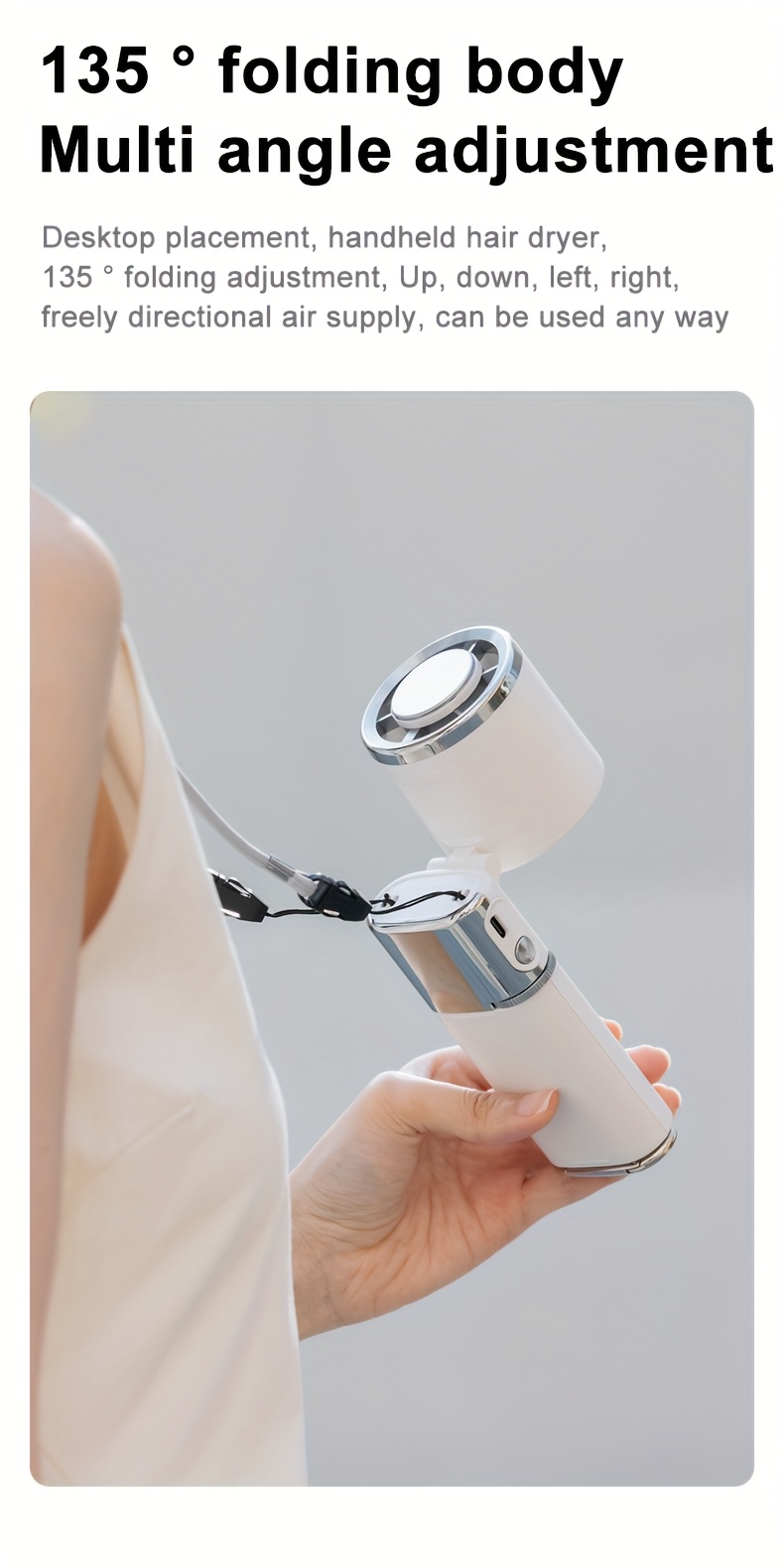 Handheld neck fan with a 130-degree adjustable head, built-in cooling pad on the fan surface for rapid temperature reduction, supports up to 10W fast charging via large 6000mAh battery, includes creative retractable lanyard and buckle strap