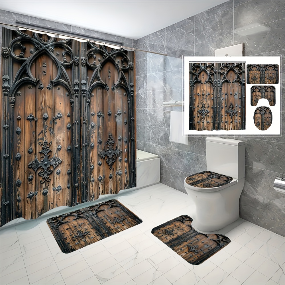 

4pcs Wooden Door Digital Printed Polyester Waterproof Shower Curtain, No Punching Partition, Bathroom And Bathroom 4 Piece Set