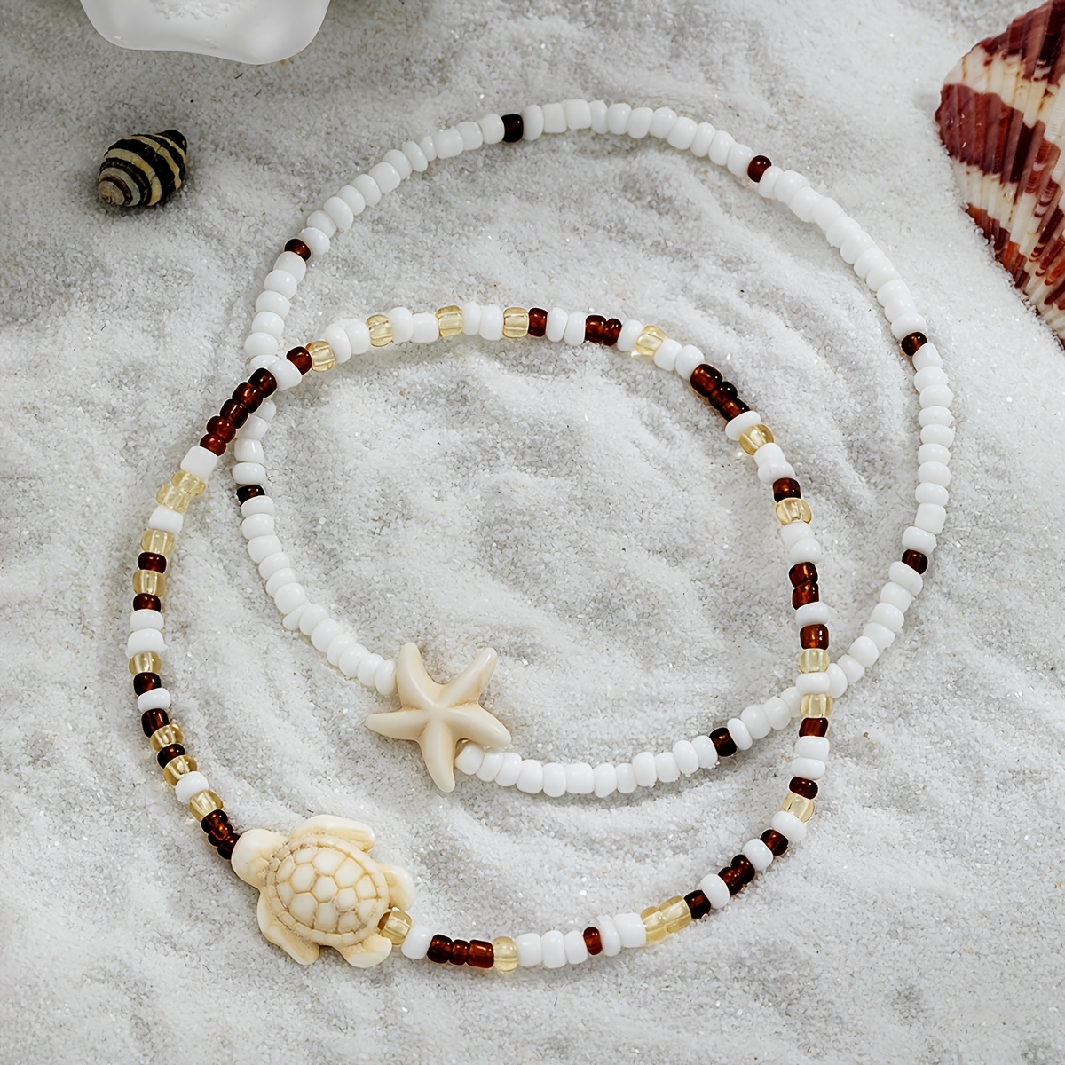 TEMU 2pcs Bohemian Style Rice Bead Starfish And Sea Turtle Double-layer Stacking Bracelet, Unisex Stretch Wristband Jewelry For Daily And Vacation