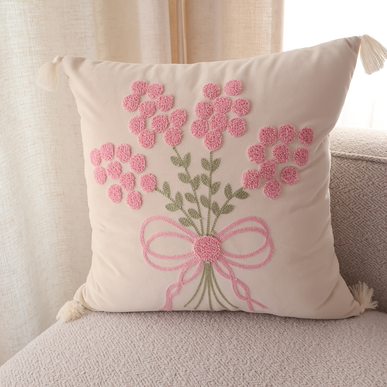 TEMU 1 taie d'oreiller champêtre et florale de la , broderie en velours avec pompons et nœuds, garniture d'oreiller non incluse