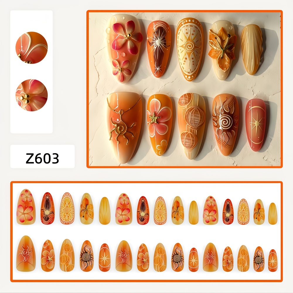 TEMU 30pcs Handmade Press-on Nails Suitable For - Long Almond-shaped Fake Nails With 3d Hot Glue Jewelry, Warm Orange Gradient Flower & Star, Retro