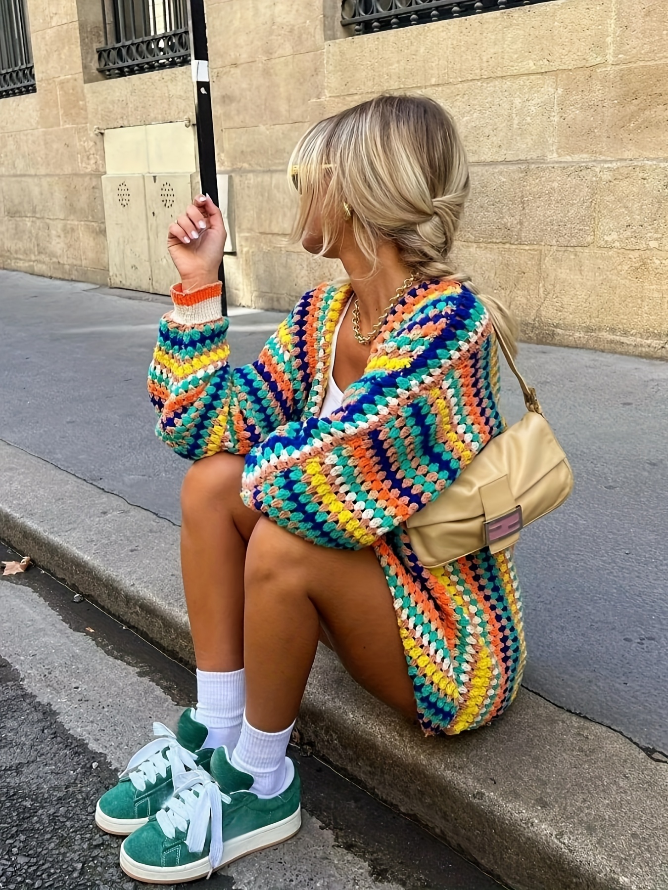 ZJ0922002 Women's Oversized Casual Soft Cardigan, Striped Multicolor Long Sleeve Ruffled Sweater, Bohemian Fall Coat
