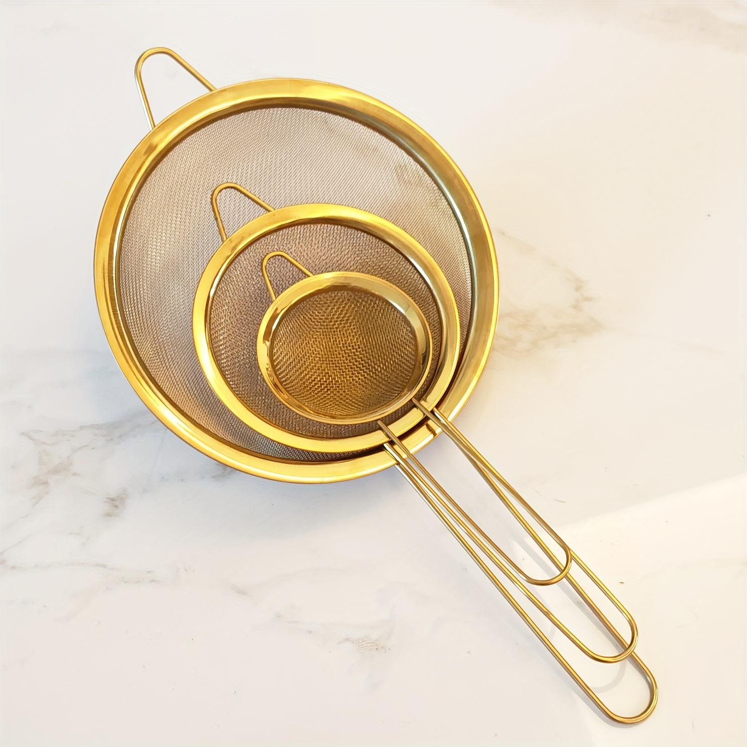 TEMU 3pcs Stainless Steel Golden Mesh Strainer Set, Baking And Cooking Filter Spoons, 3 Sizes Perfect For Draining Vegetables, Filtering Grease,