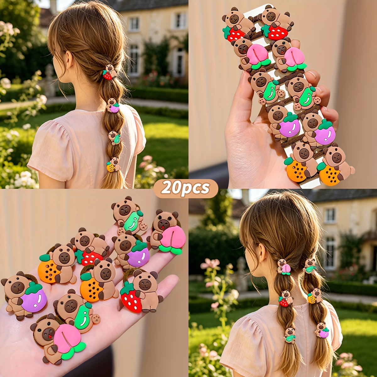 TEMU 20pcs Multicolor Cute Capybara Fruit Hair Ties, Suitable For , Casual Wear, And School. Adorable Hair Ties For, Stylish And Valuable Hair