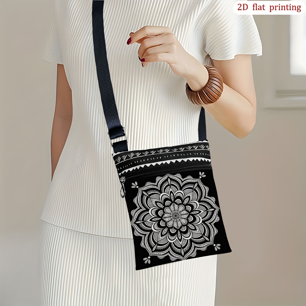 TEMU 1pc Mandala Flower Boho Crossbody Bag With Adjustable Strap & Zipper Closure - Lightweight Small Purse Suitable For Beach Trips, Daily Use,