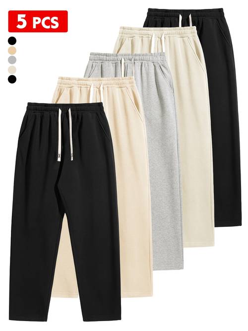 5pcs mens unisex casual jogging pants solid color elastic waist straight leg pants suitable for gym office casual attire machine washable 5pcs multi purchase discount