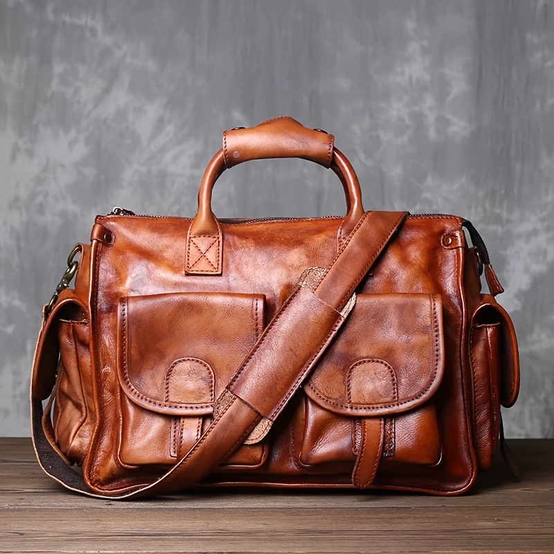 TEMU Vintage Genuine Leather Travel Duffel Bag For Men - Large Capacity, Adjustable Shoulder Strap, Multiple Compartments, Light Brown, , , Travel Bag