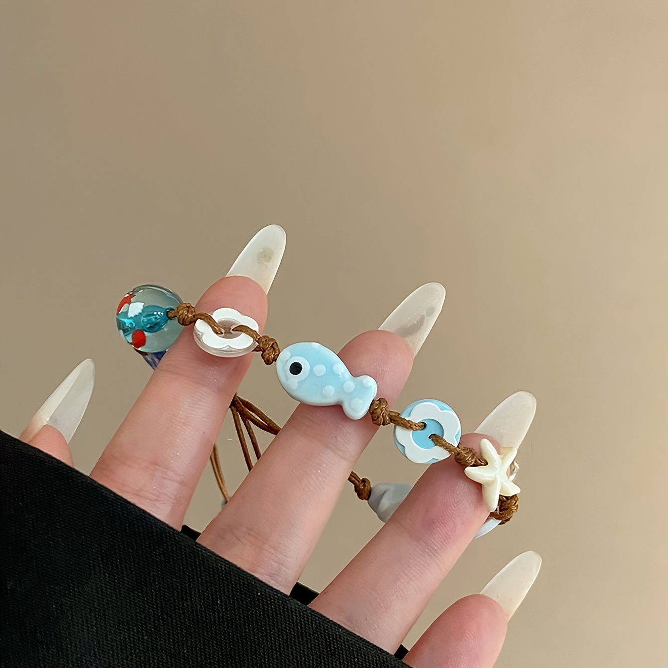Image of 1pc Ceramic Fish & Starfish Bracelet - Chinese Style Beaded Wristband With Ceramic Beads, Fish & Starfish, Suitable For Vacation, Daily Wear, Accessory, Minimalist Or Special Occasions