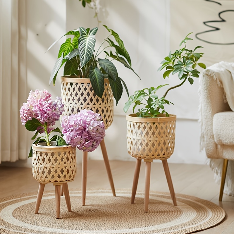 Juego De 3 Macetas Decorativas De Madera Con Soporte, Maceta Hecha A Mano De Bambú Y Madera Contrachapada Para Exteriores E Interiores, Macetas Bohemias Para Decoración Del Hogar Y Jardín