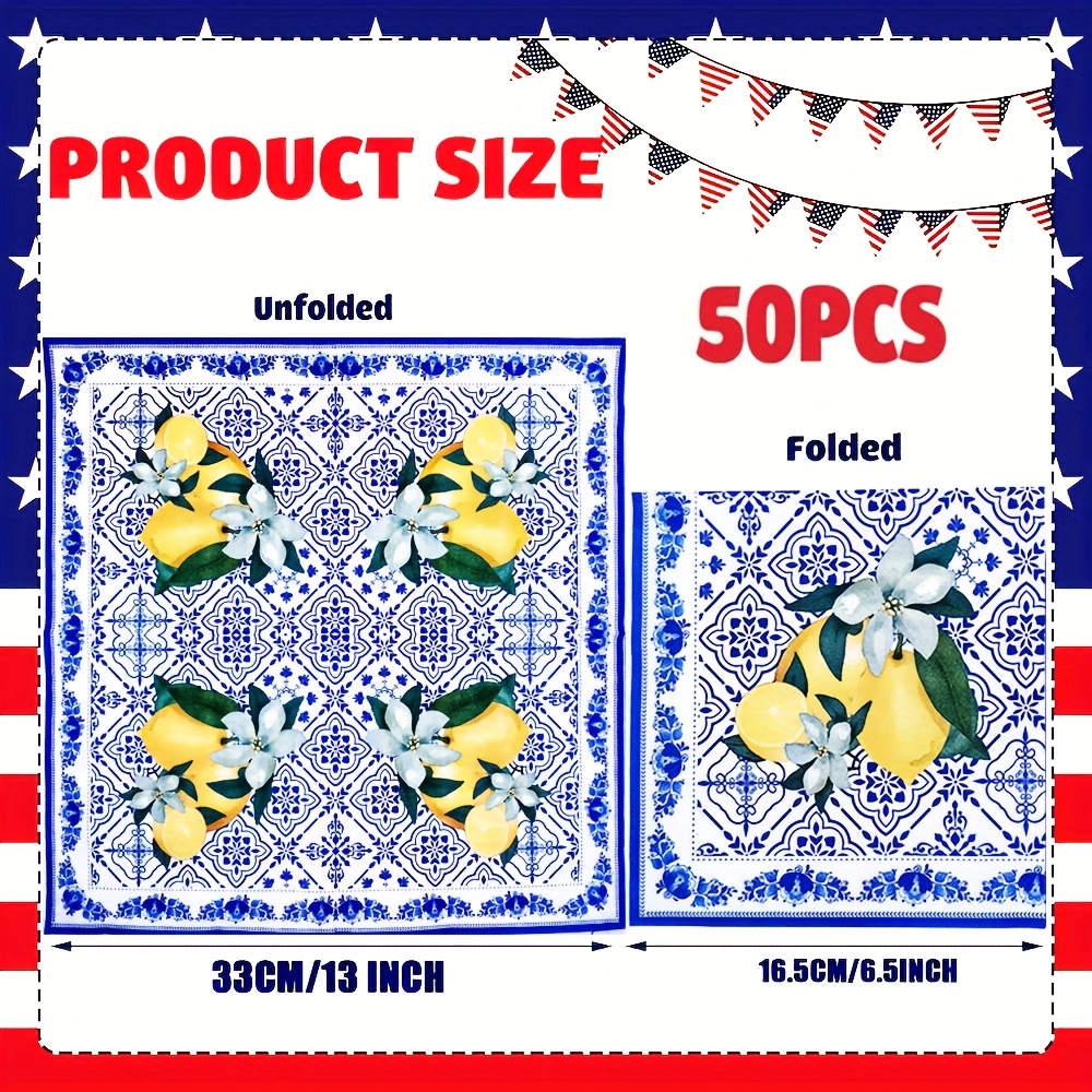 E-shop 50 Servietten im Capri-Zitronen-Design mit blauen und gelben Fliesen, für Frühstücksempfänge mit Zitrusfrüchten, Feiertagsfeiern,