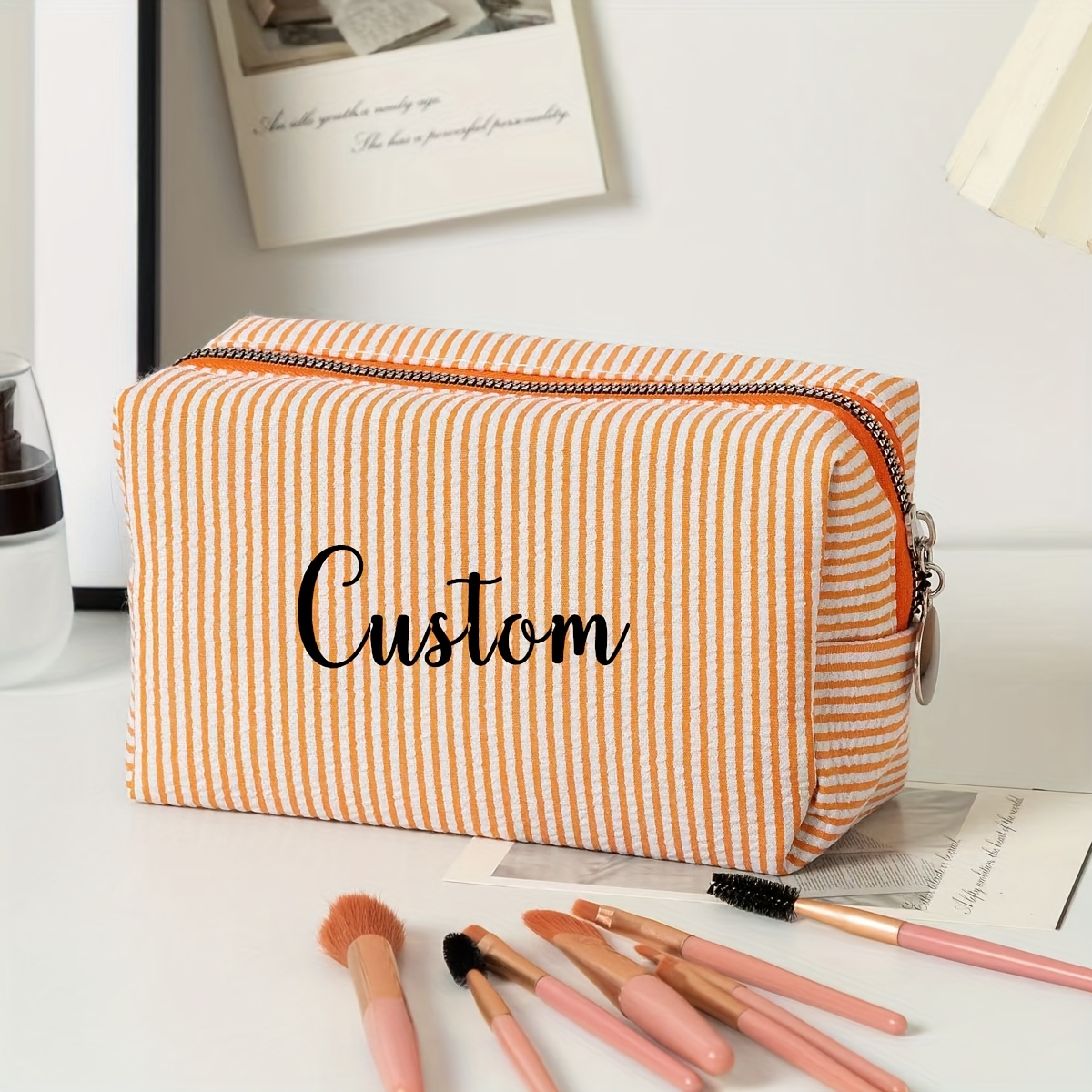 Personalized Bridesmaid Makeup Bag, Seersucker Cosmetic Bag For Girl, Large Capacity Cosmetic Bag,Bridesmaid Bridal Gifts, Makeup Organizer, Monogrammed Toiletry Bag, Embroidered Make Up Bag,Bridesmaid Makeup Bag, Bridesmaid Gift, Women Gifts, Gifts