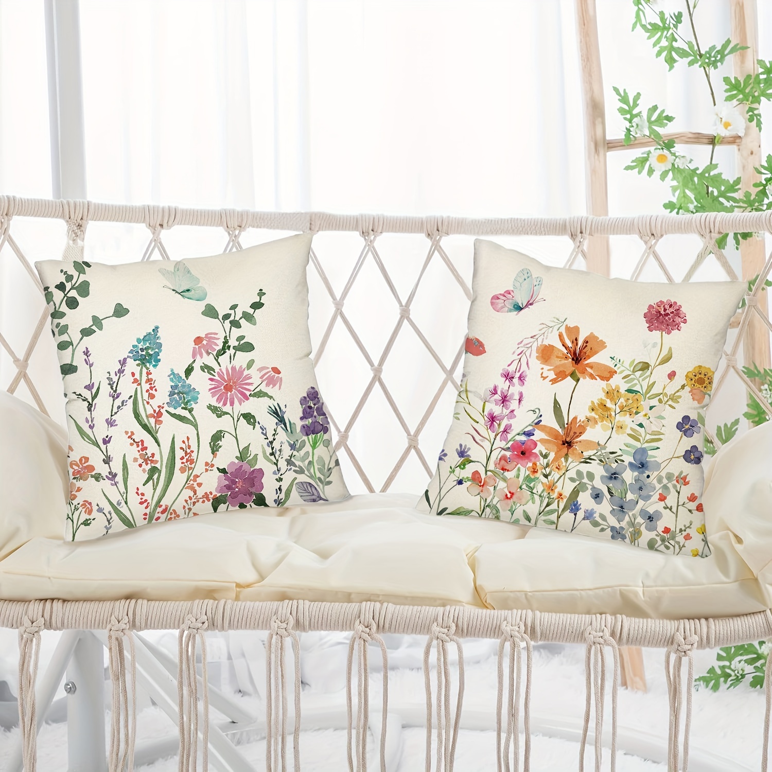 

2pcs Botanical Wildflowers Throw Pillow Covers, 17.7*17.7inch Farmhouse Spring Summer Floral Plant Decorative Cuchion Cases For Porch Patio Couch Sofa Living Room Outdoor, Without Pillow Inserts