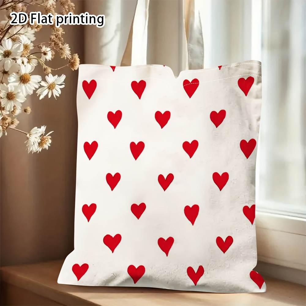1pc Red Hearts On White Tote Bag - Double-sided Handbag With Sturdy Handle, High-quality Fabric Suitable For Work, School, Travel, Daily Use & Valentine' Day Gift - Hand Washable Fashion Bag, 2d Flat