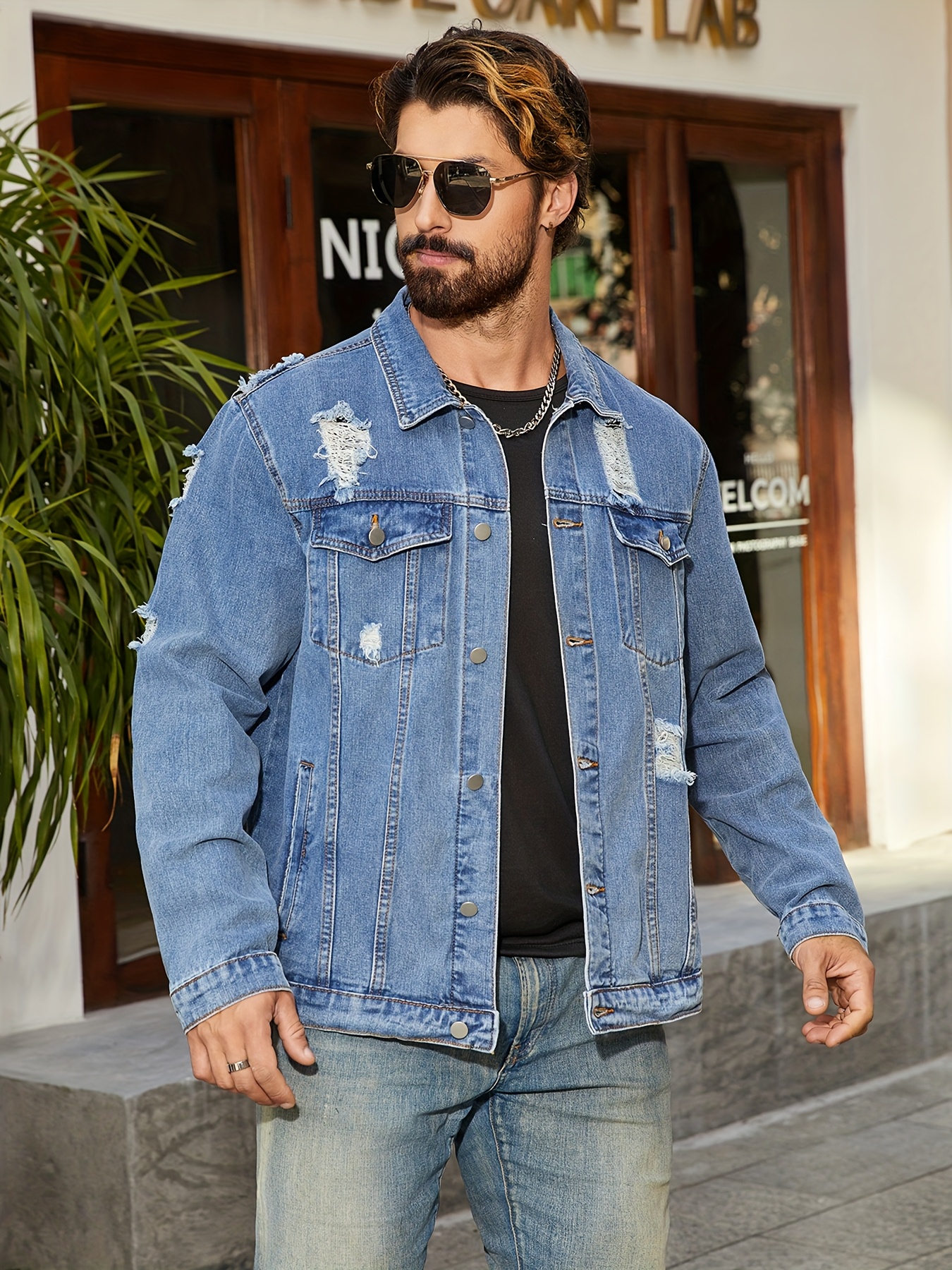mens stylish fit ripped denim jacket men's clothing - Temu Bahrain