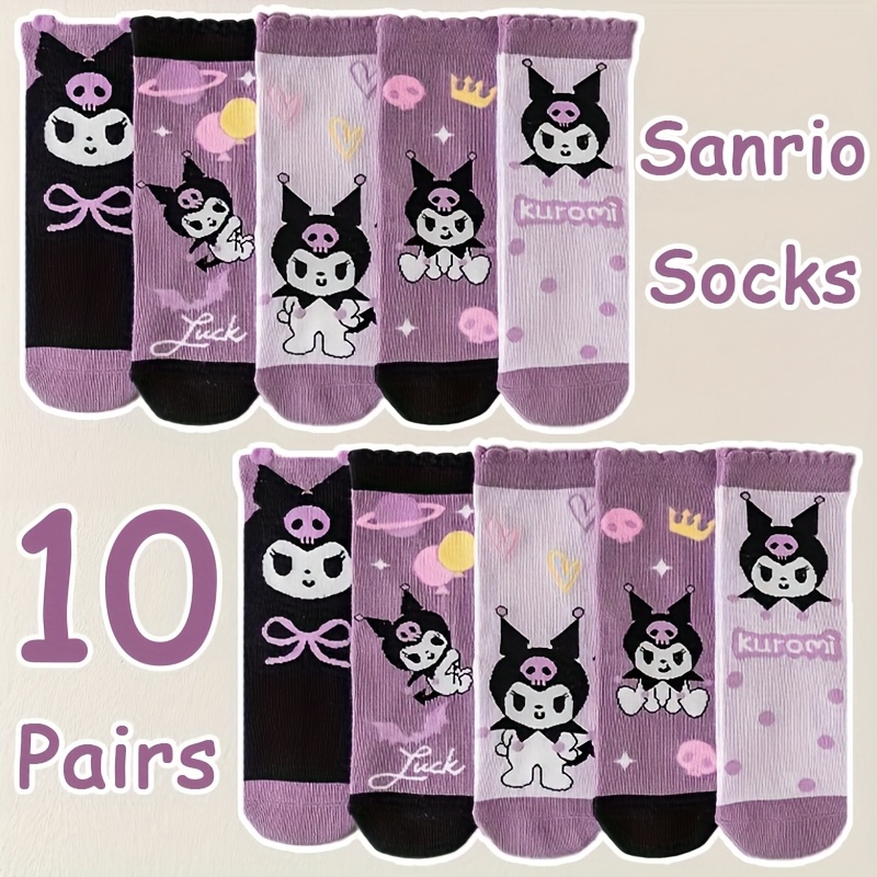 Image of 10 Pairs Socks Kuromi Cartoon Cute Purple Black Warm Breathable Comfortable Soft For Daily Wear