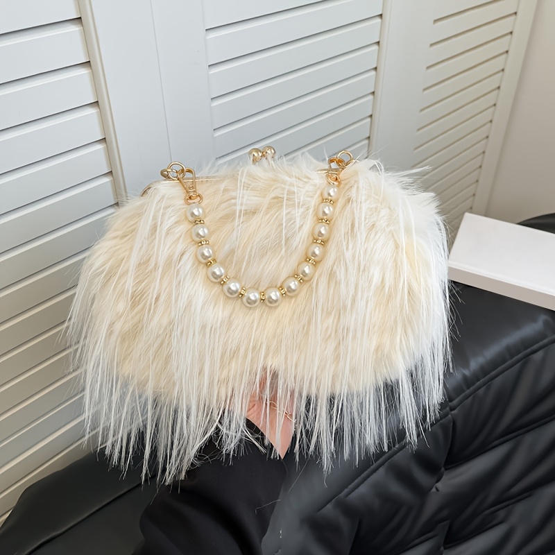 TEMU Luxury Evening Bag Fluffy Solid Color Shoulder Bag Large Capacity Pearl Handle Clutch Crossbody Bag For Women