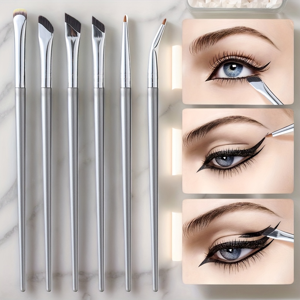 TEMU 6pcs Precision Eye Makeup Brush Set - Angle Eyeliner, Eyeshadow & Detail Brushes, Soft Synthetic Bristles For Types, Ideal For Detailed Eyeliner