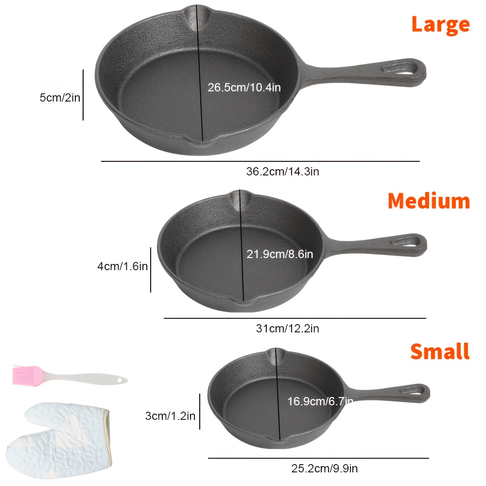 E-shop 3-teiliges Gusseisen-Bratpfannen-Set inklusive Handschuhen einer Bürste. zum von Steaks Eiern, kompatibel mit Gasherd, langlebig, ein