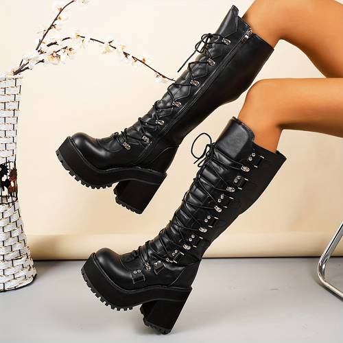 2024 new dark gothic punk style womens chunky platform knight boots round toe lace up biker long riding trendy tall boot women shoes