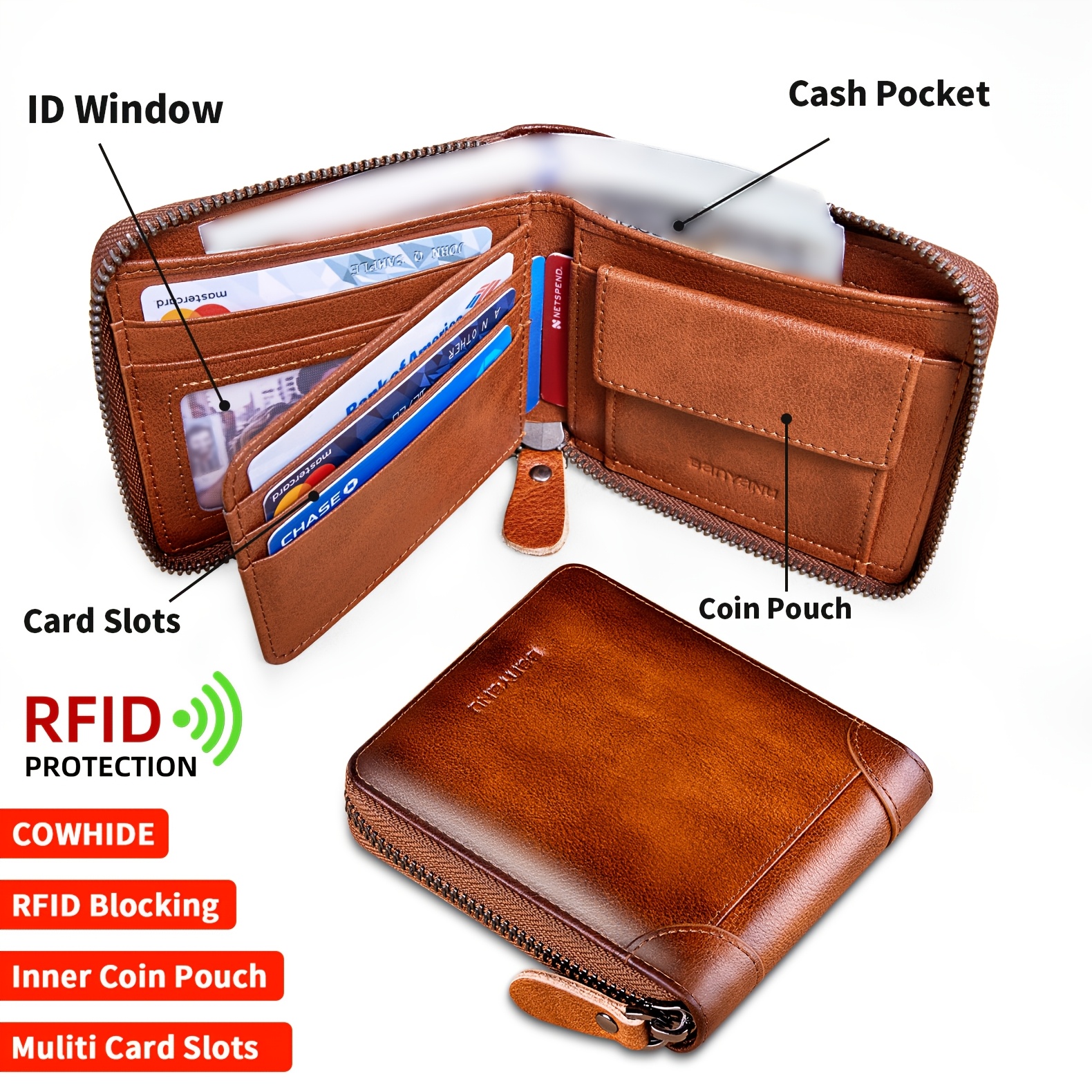 genuine leather short wallet zipper multi functional - Temu South