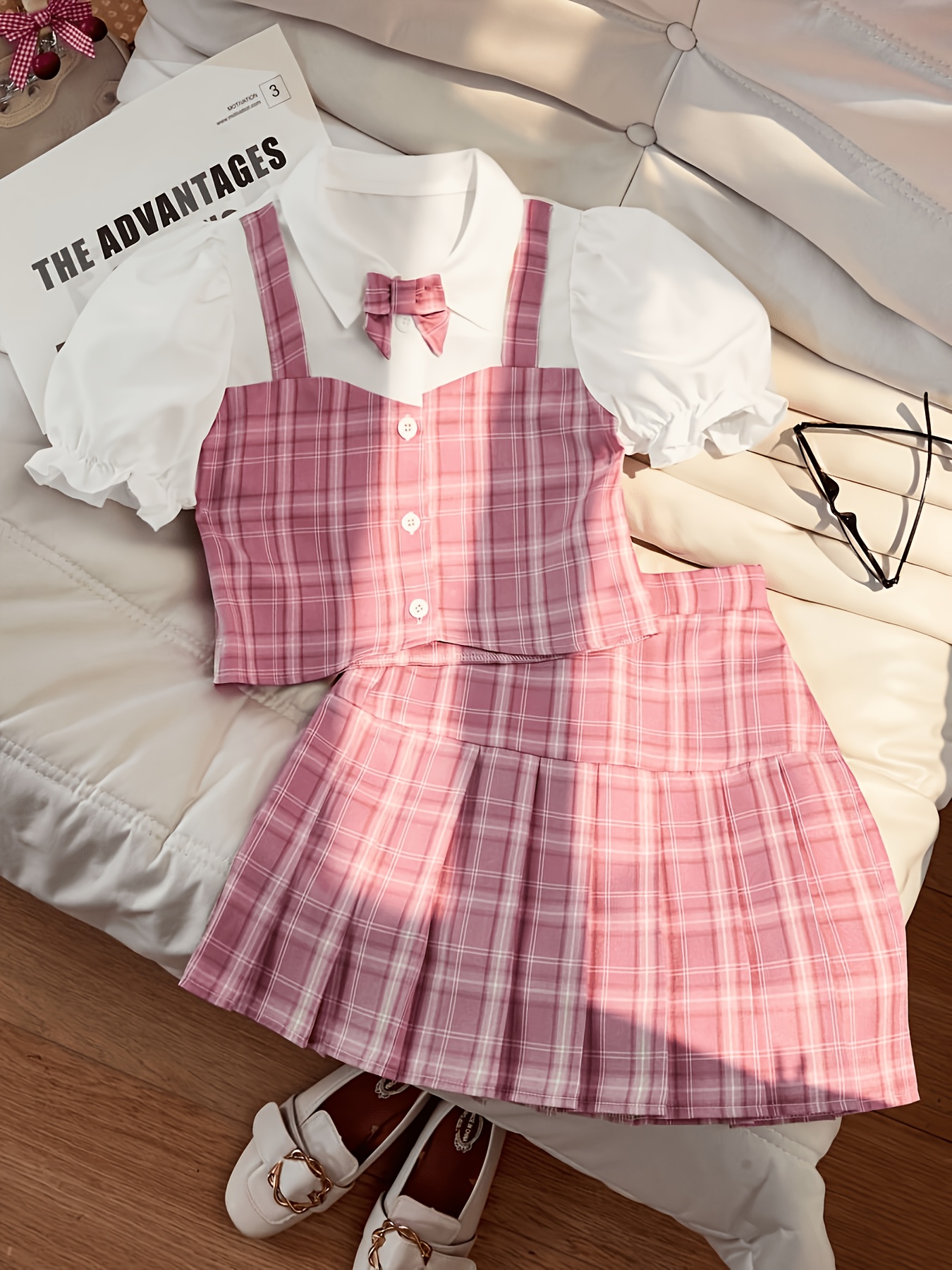 Girls' Spring/Summer JK Style Plaid Shirt with Plaid Pleated Skirt, Sweet and Fashionable 2pcs Outfit, Little Girl's Birthday Party Clothing, Suitable for Travel and Performance Occasions, Perfect for Outdoor