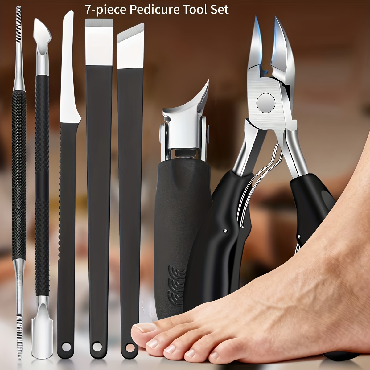 Image of Modern Stainless Steel Nail Clipper Pedicure Set, 7pcs Long Handle Eagle Beak Nail Clipper, Men's And Women's Manicure Pedicure Kit, Suitable For Toenails, Halloween Gift, Includes Nail File