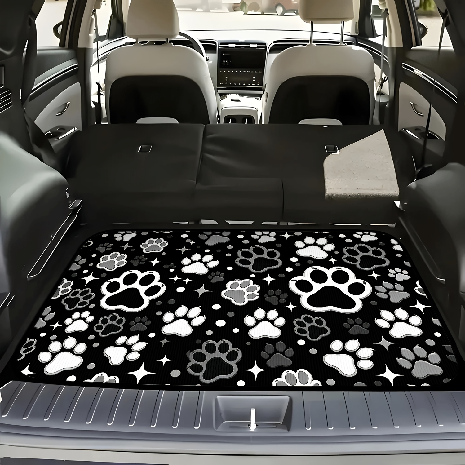 TEMU 【1枚】白黒の肉球プリント 星空背景柄 車用トランクマット、汎用全天候型 車用トランクライナー、車内空間を向上、トランクを清潔で乾燥に保ち、防塵、耐久性、傷防止、お手入れ簡単
