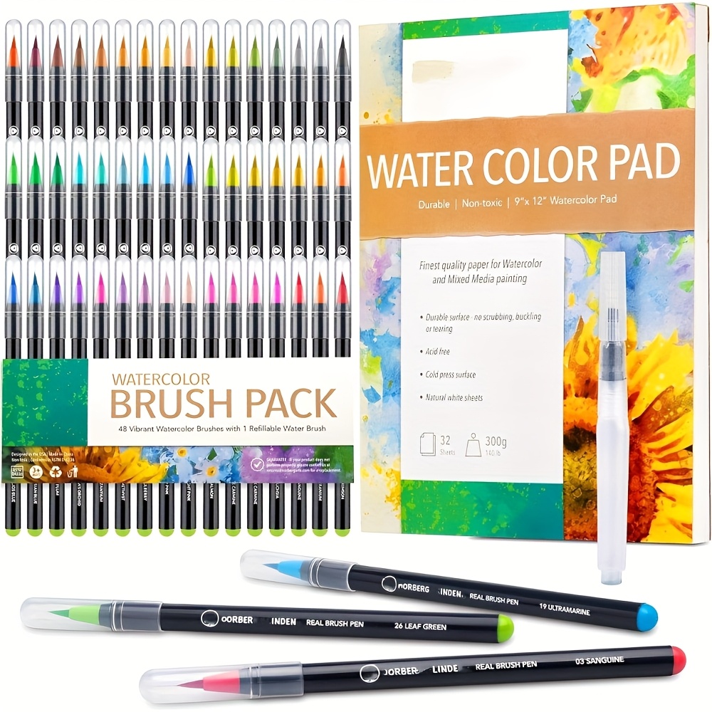 TEMU Watercolor Pen Set Colorful Art Single-head Brushes, Brush And Fine Thread Pen Sets, Real Waterbrush Set - Water Brush, Painting Pad - Nylon Tips For Drawing & Calligraphy - Coloring Pens For