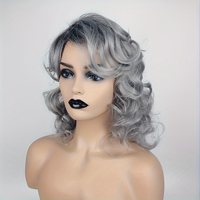 TEMU Short Curly Hair Women Natural Fluffy Wave Hair Shoulder Length Gradient Mixed Silver Gray Synthetic Cosplay Party Wig Daily Use Wig