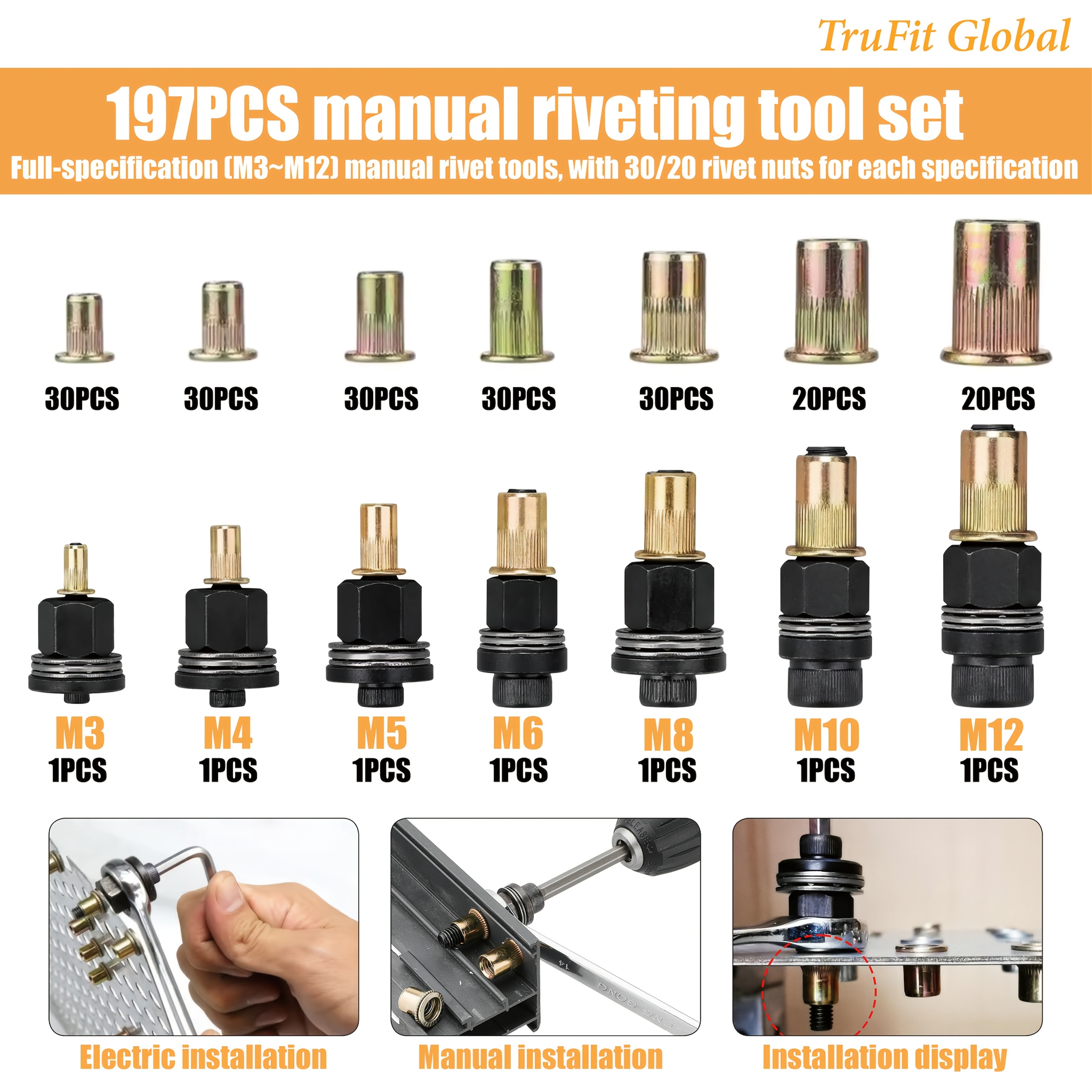 197pcs Manual Rivet Nut Tool Combination Set Rivet Nut Rivet Gun Gun 7 Specifications (m3~m2) Tool Adapter Tool Suitable For Automobile Home Decoration Metal Tools
