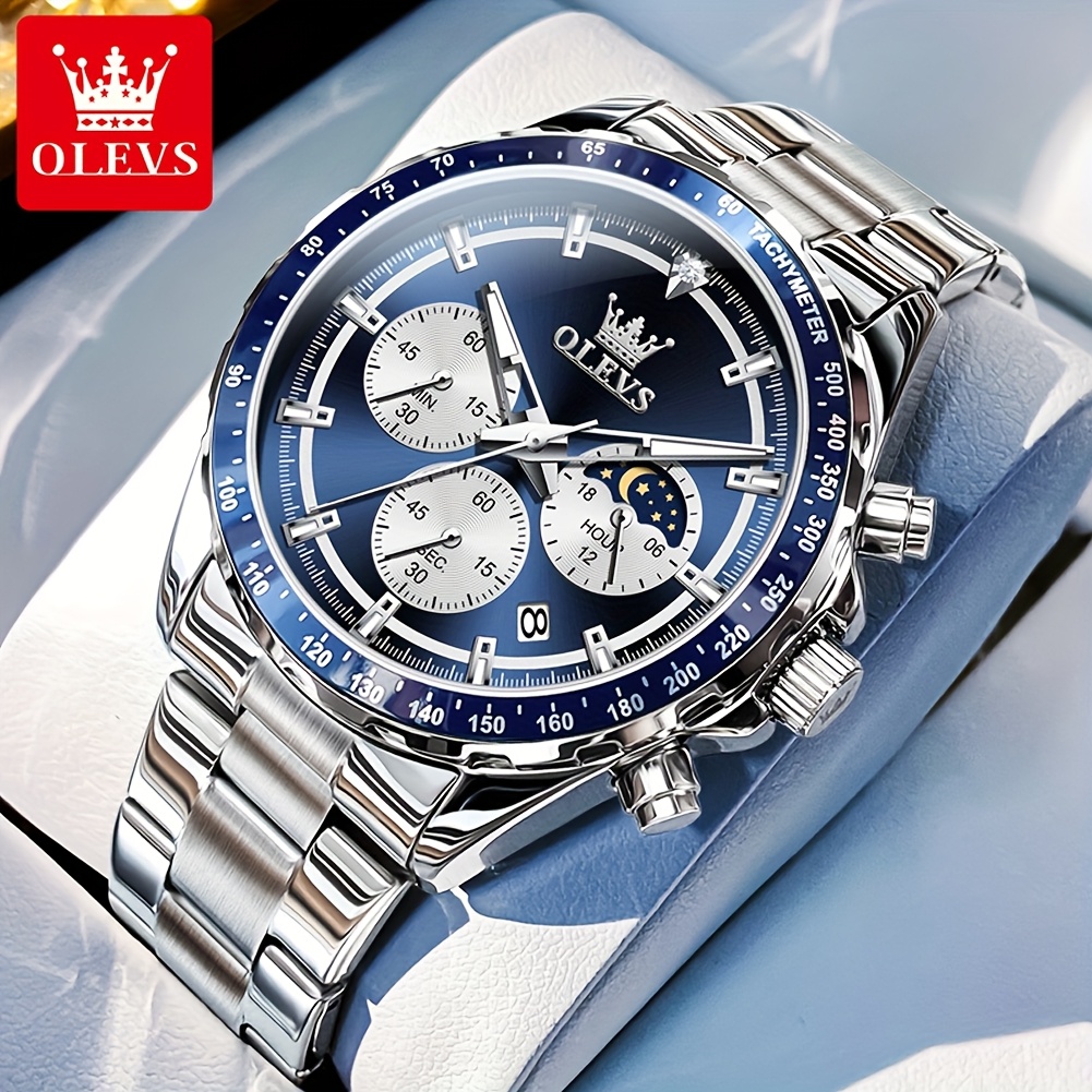 Image of Olevs Men's Watches Moon Phase Dial Stainless Steel/leather Strap Chronograph Luxury Business Dress Quartz Gentleman Wrist Watches /white/blue/green Dial