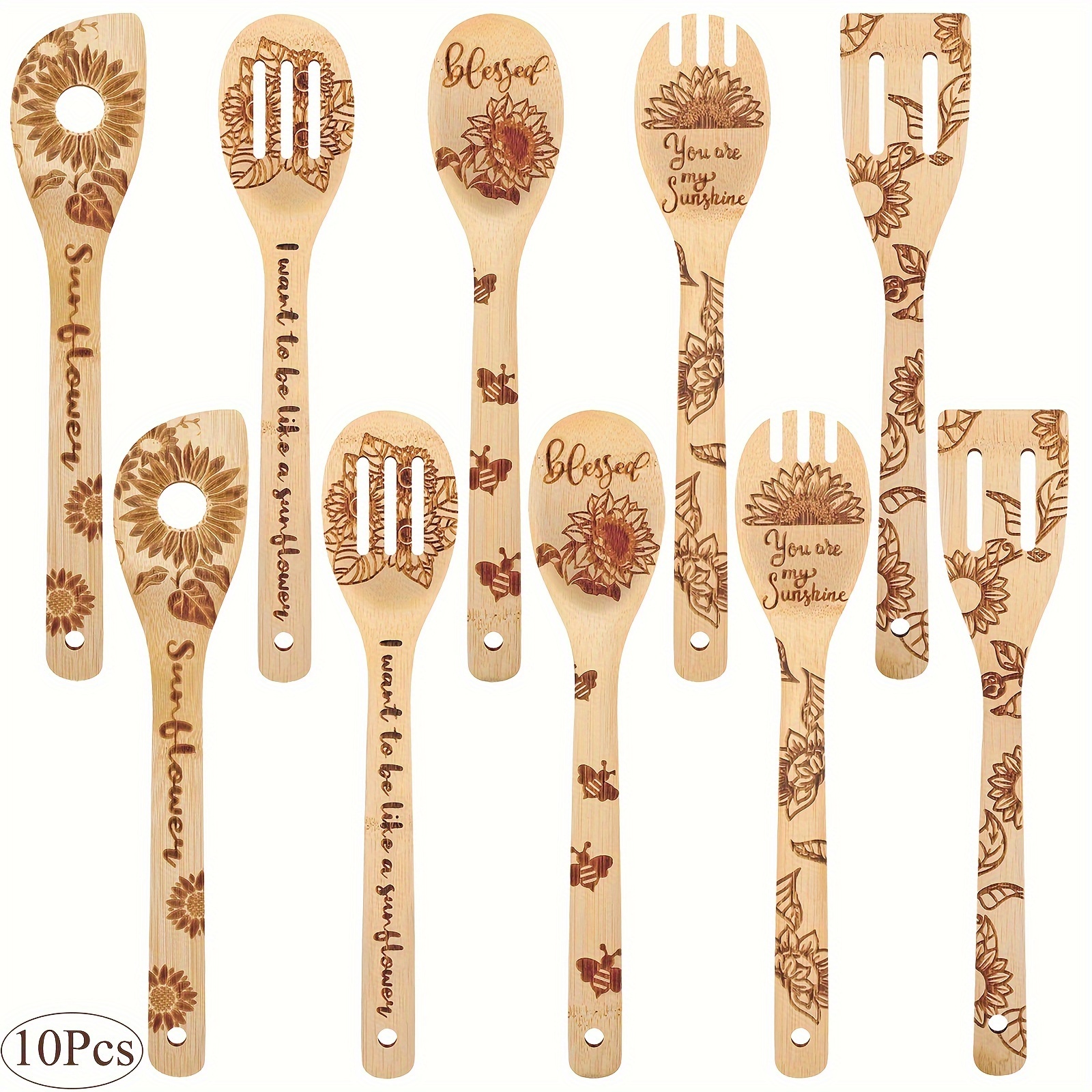 

10pcs Sunflower Theme Bamboo Spoons Utensil Set, Non-stick Carve Burned Bamboo Cookware Kitchen Gadget Kit For Teacher Appreciation Gift Teachers Day Mother's Day Birthday Housewarming Gift