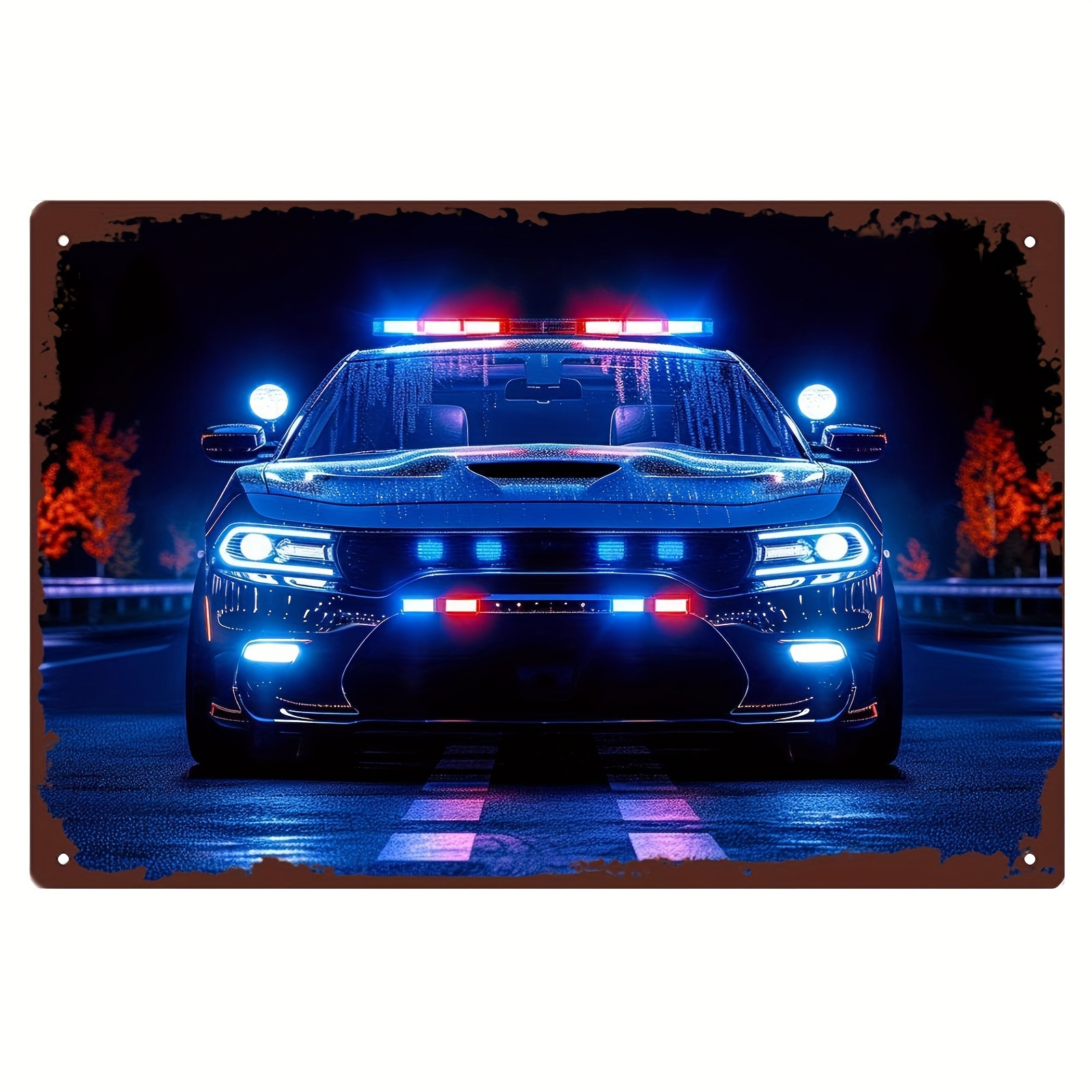 

Police Car Night Light Theme Aluminum Wall Art - Waterproof Metal Print For Living Room & Bedroom Decor, 8x12 Inches