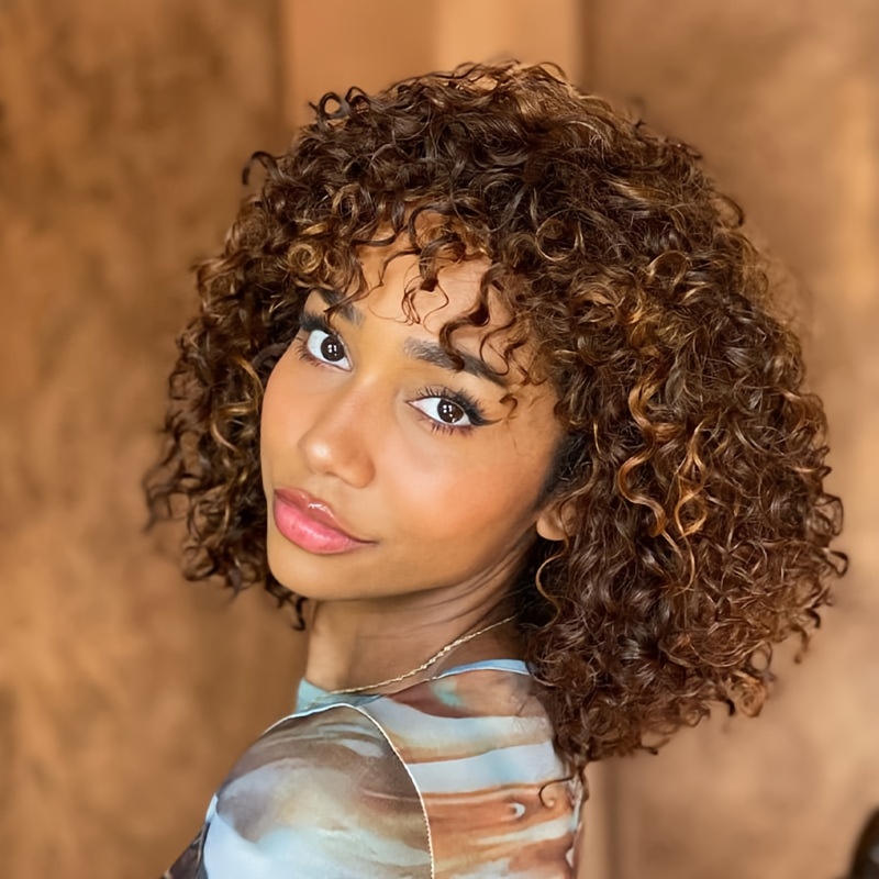 

Human Wigs Short Curly Wig With Bangs 100% Brazilian Virgin Human Hair No Lace Front Wigs Brown Highlight 4/27 Human Wig 180%